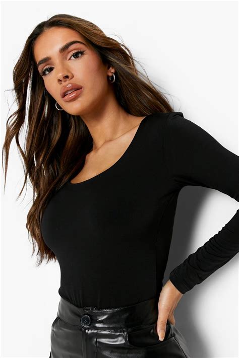 Black Slinky Scoop Long Sleeve Bodysuit Boohoo Uk