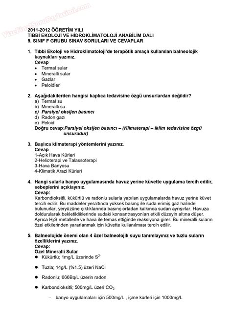 Tıbbi Ekoloji ve Hidroklimatoloji Sınav Soruları F Grubu Vize ve