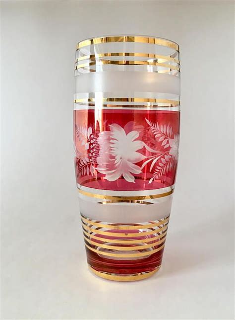 Vintage Bohemian Crystal Vase With Etched Cranberry Glass Etsy Canada Crystal Vase