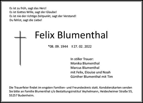 Traueranzeigen Von Felix Blumenthal Vrm Trauerde