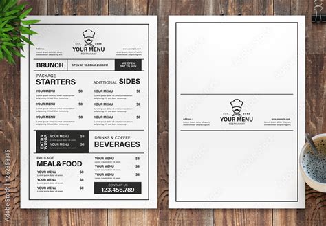 Restaurant Menu Layout with Black and White Accents Stock Template | Adobe Stock