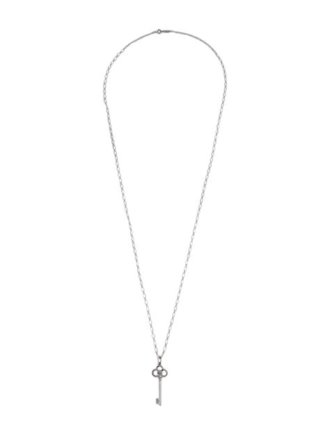 Tiffany And Co 18k Diamond Crown Key Pendant Necklace Rhodium Plated