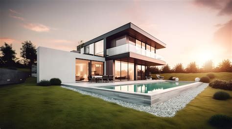 Premium AI Image | Modern big house with pool at evening view