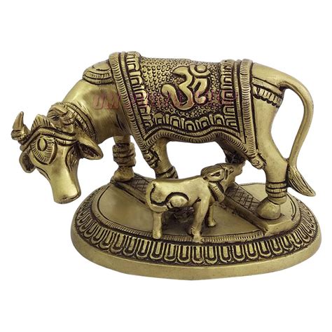 Kamdhenu Cow Calf Brass Statue