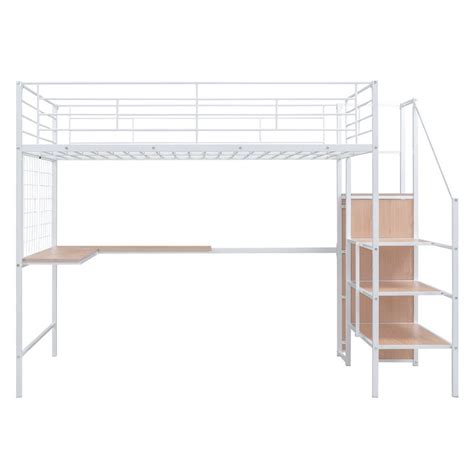 Metal Full Loft Bed with Desk & Metal Grid, Space Saving Loft Bed with ...