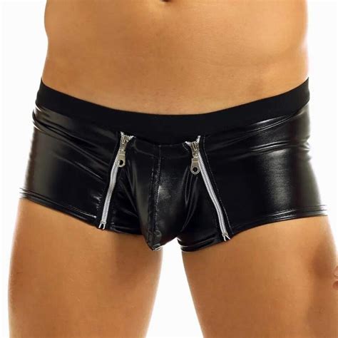 US Men Sexy Lingerie Wetlook Panties Faux Leather Double Zipper Jockstraps Bulge Pouch Clubwear