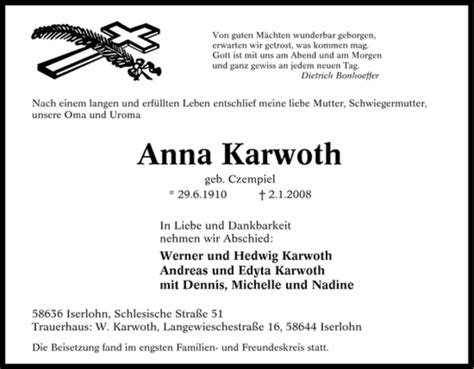 Trauer Und Todesanzeigen Von Anna Karwoth Trauer De