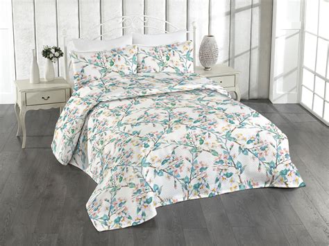 Ambesonne Floral Quilted Bedspread Set 3 Pcs Flowering Tender Branches