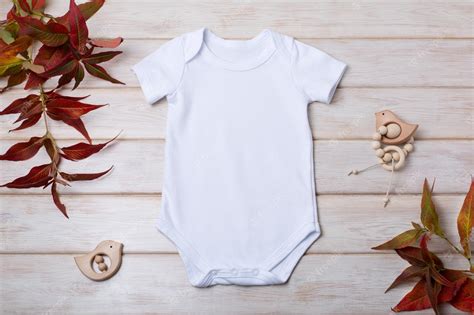 Premium Photo White Cotton Baby Short Sleeve Onesie Mockup With Red