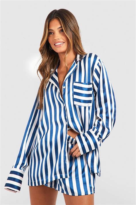 Oversized Contrast Stripe Pajama Shirt And Short Set Boohoo Usa