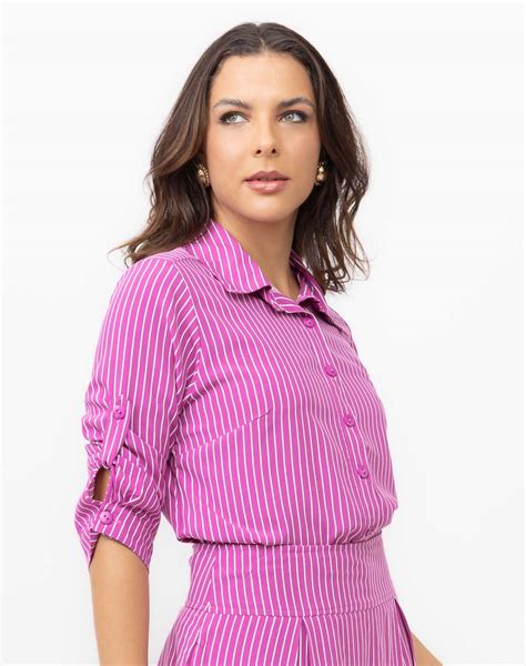 Camisa Em Viscose Listrada Expressão Moda Feminina