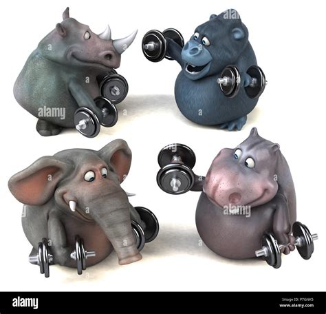 Fit hippo, rhino, elephant and gorilla - 3D Illustration Stock Photo ...