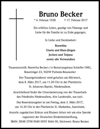 Traueranzeigen Von Bruno Becker Wirtrauern