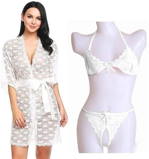 Iyaracollection Women White White Self Design Lace Robe And Lingerie