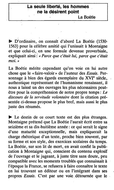 Discours de la servitude volontaire Étienne de La Boétie fiche de