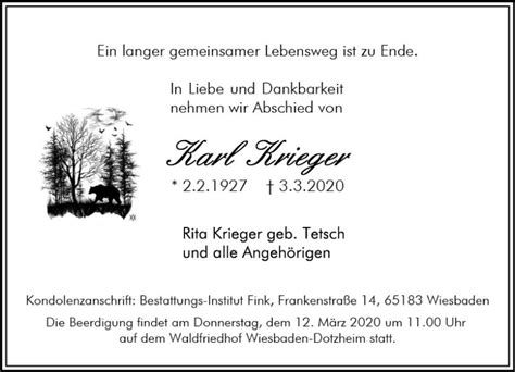 Traueranzeigen Von Karl Krieger Vrm Trauer De