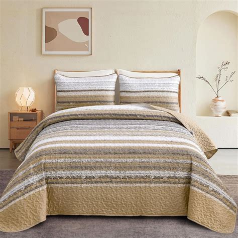 DJY Boho Brown Quilt Set Queen Size Khaki Striped Patchwork Bedspread