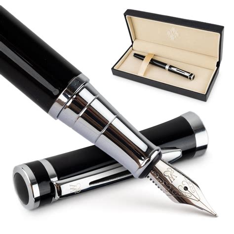 Wordsworth Black Fountain Pen Medium Nib Ink Pen Black Chrome