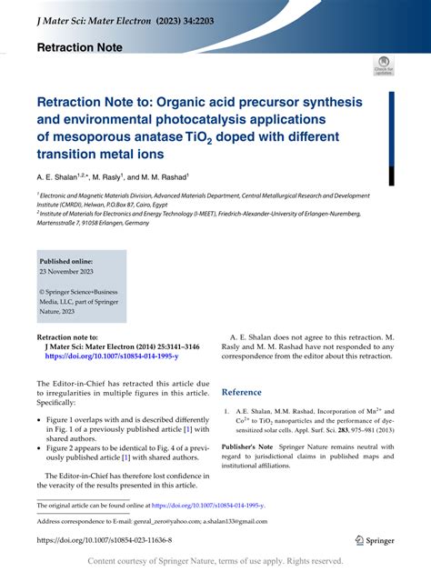 Retraction Note To Organic Acid Precursor Synthesis And Environmental