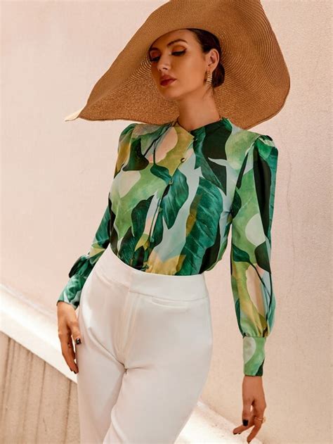 Random Tropical Print Puff Sleeve Shirt Shein Usa