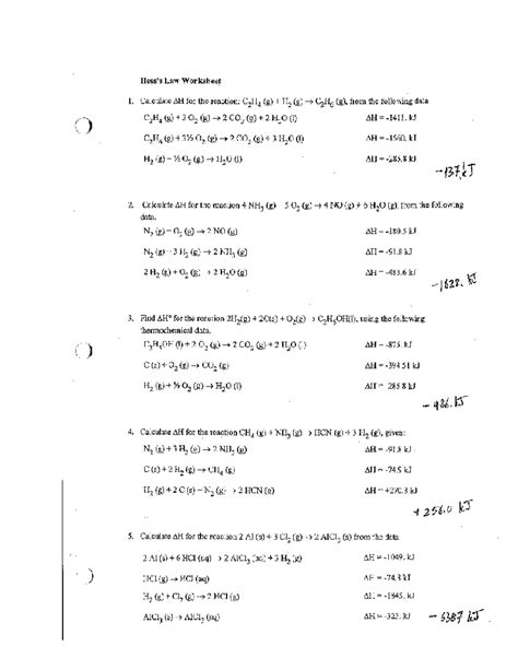 Hess Law Worksheet Hess Law Chemistry Questions And Answers Studocu