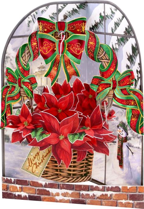 D Swing Pop Up Kerst Wenskaart Met Envelop Poinsettia Kerstster Bol