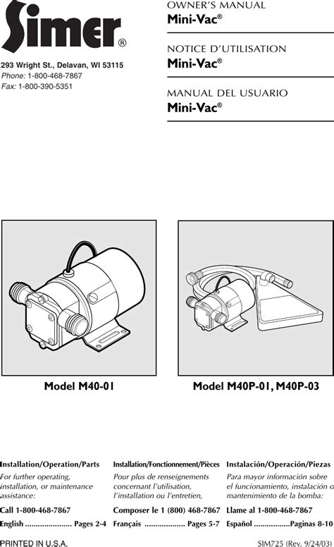 Simer Pumps M40 01 Users Manual Sim725 1 2 Size