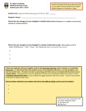 Fillable Online St Agnes St Agnes Academy Medical Up Date Form School