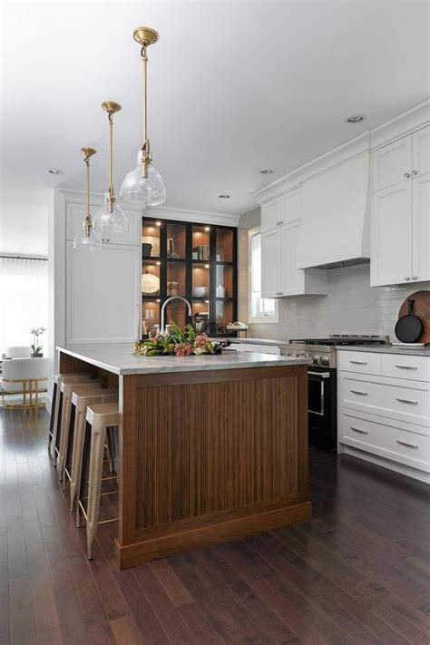 Brown Reeded Kitchen Island With Tolix Stools Transitional Kitchen