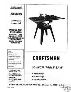 Sears Craftsman Table Saw Manual Model # 113.298720 | eBay