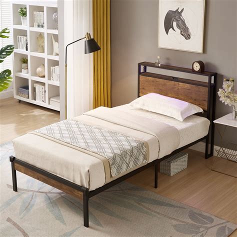 imerelez twin size metal platform bed frame  wooden headboard