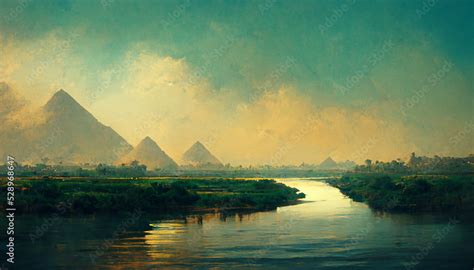 Nile river pyramids nature cloud sky egypt Stock Illustration | Adobe Stock