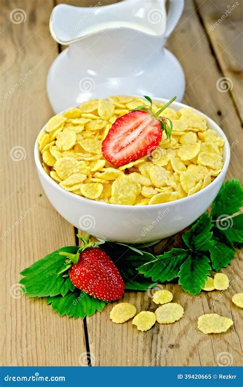 Cornflakes With Strawberries And Milk On Board Stock Image Image Of