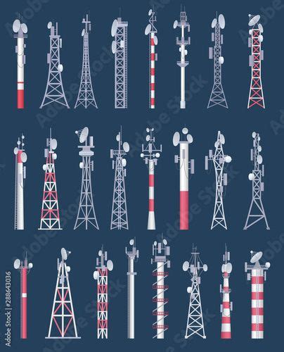 Various Types Of Cell Towers And Antennas On A Dark Blue Background