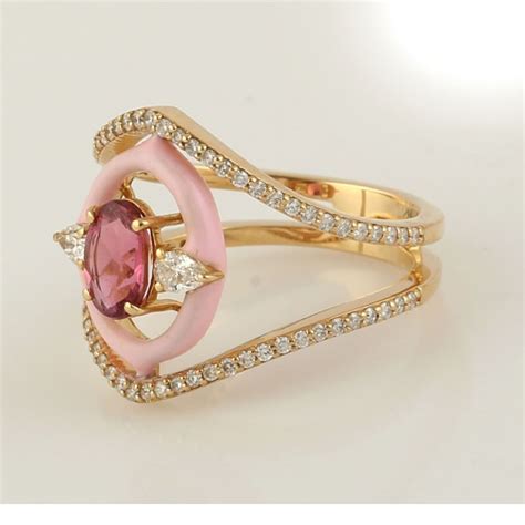 Oval Cut Pink Tourmaline Pave Pear Cut Diamond In K Gold Enamel