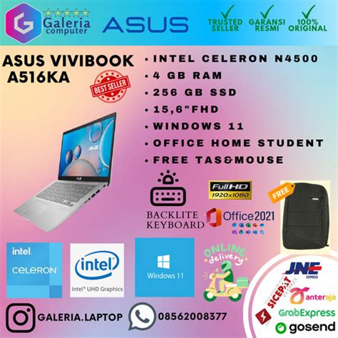 Jual Asus Vivobook A516ka Celeron N4500 4gb 256 Ssd 15 6 Fhd W11