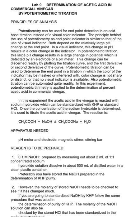 Solved Lab 9 DETERMINATION OF ACETIC ACID IN COMMERCIAL Chegg