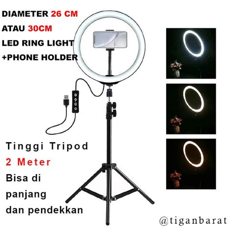 Jual PAKET TRIPOD 2 Meter Ringlight LED 3 Warna Ukuran 26cm Selfie