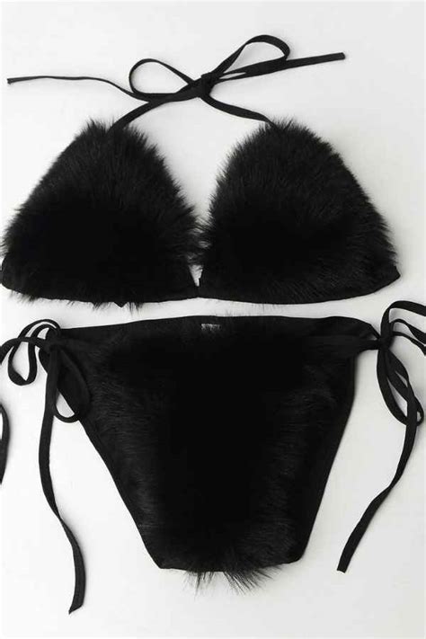 Sexy Fluffy Fur Bikini Swimwear Two Piece Set Reflex Garments