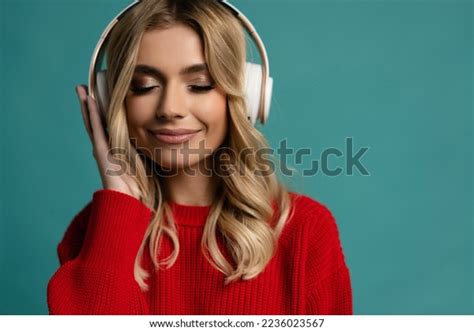 Portrait Charming Blonde Woman Massive Headphones Stock Photo Shutterstock