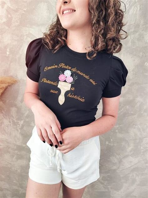 T Shirt Blusa Feminina De Luxo Bordada Manga Princesa O Maior Pintor