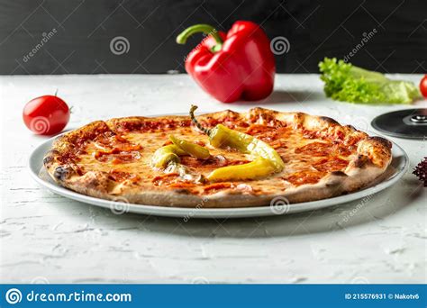 Hot Pizza Diablo On A Rustic Wooden Table Italian Food Top View Of