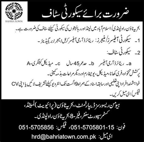 Bahria Town Rawalpindi Islamabad Jobs 2014 August For Security Staff In