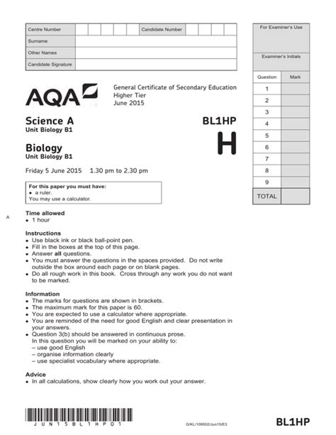 GCSE Biology Question Paper Unit 01 Biology June 2015