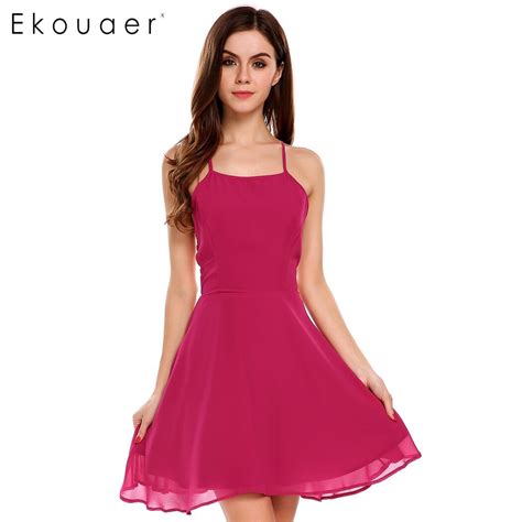 Ekouaer Summer Dress Women Sexy Strap Back Cross Bandage Pleated Dress Slim Above Knee Sexy