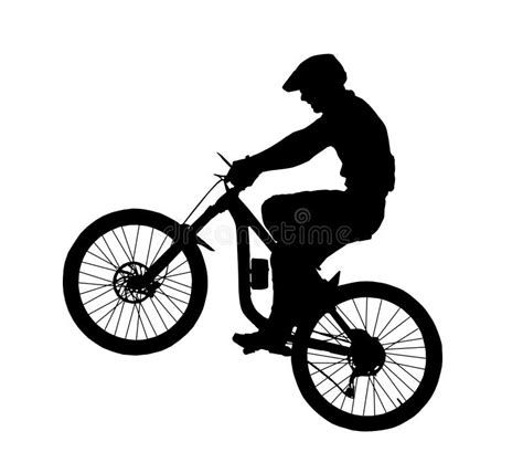 Detailed Silhouette Of Mountain Bike Rider Popping Wheelie Stock