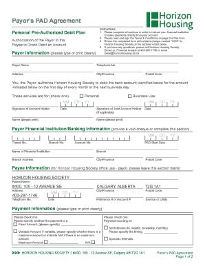 Fillable Online Horizonhousing Ab Personal Pre Authorized Debit Plan