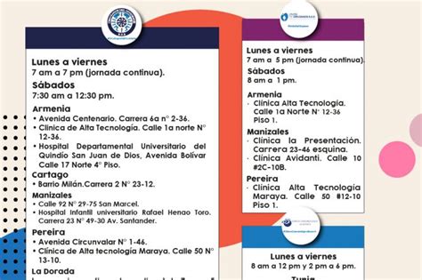 Nombres Direcciones y Horarios de Atención de las 13 Sedes de Clínica