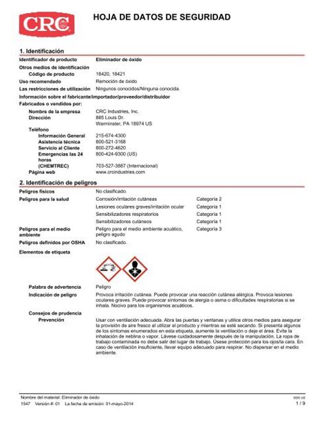 Hoja De Datos De Seguridad De Materiales Crc Industries