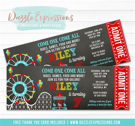 Amusement Park Chalkboard Ticket Invitation 1 Free Thank You Card